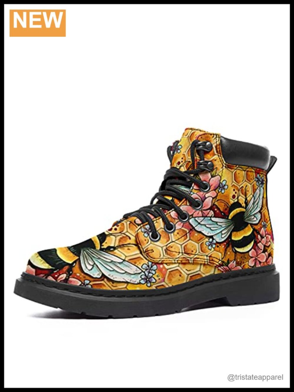 Handmade Women's Ankle Boots with Honey Bee Mandala Design, Lace-Up, Block